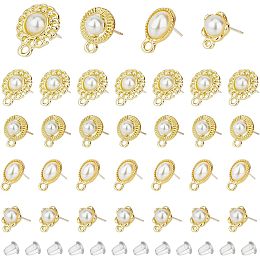 DICOSMETIC 32Pcs 4 Styles Pearl Earring Studs Half Ball Ear Stud Alloy Earring Posts with Loop Gold Plated Ear Pad Base Posts with 50Pcs Ear Nuts for DIY Earring Making, Hole: 1~2mm