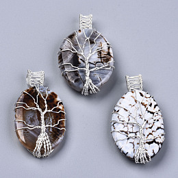 Honeyhandy Natural Fire Agate Wire Wrapped Big Pendants, with Silver Color Plated Brass Wire, Oval with Tree of Life, 51~54x28~31x9~14mm, Hole: 4x5~6mm