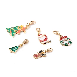 Honeyhandy Christmas Theme Light Gold  Alloy Enamel Pendants, with Lobster Claw Clasps, Tree & Reindeer/Stag & Santa Claus & Wreath, Mixed Color, 30~45mm