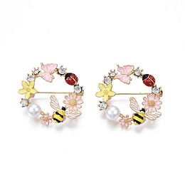 Honeyhandy Flat Round with Butterfly Bee Flower Enamel Pin with Rhinestone, 3D Animal Alloy Brooch with Imitation Pearl for Backpack Clothes, Nickel Free & Lead Free, Light Golden, Colorful, 30x32mm