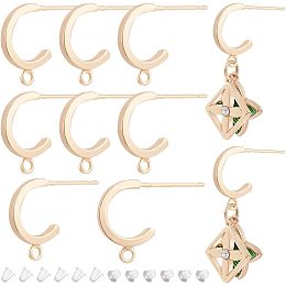 BENECREAT 12PCS Gold Plated Brass Earring Fittings, Half Hoop Earrings with Horizontal Loop, Gold Coloured Studs and 30 Plastic Studs for Making Earrings, Hole: 1.2mm