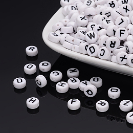 Honeyhandy Acrylic Horizontal Hole Letter Beads, Mixed Letters, Flat Round, Random Mixed Letters, 7x4mm, Hole: 1mm, about 3500pcs/500g