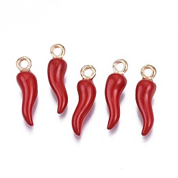 Honeyhandy Alloy Enamel Pendants, Cadmium Free & Nickel Free & Lead Free, Light Gold, Hot Horn of Plenty/Italian Horn Cornicello Charms, Red, 21x6x6mm, Hole: 2mm