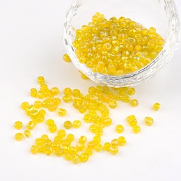 Honeyhandy 6/0 Transparent Rainbow Colours Round Glass Seed Beads, Yellow, Size: about 4mm in diameter, hole:1.5mm, about 495pcs/50g