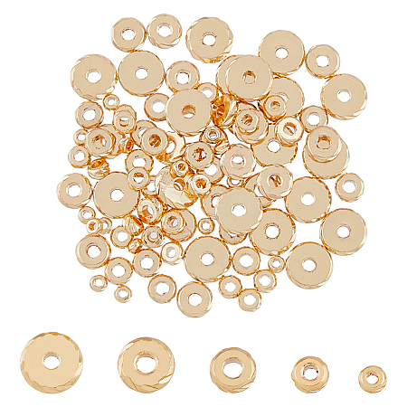 SUPERFINDINGS 100Pcs 5 Style Brass Beads, Cadmium Free & Lead Free, Flat Round, Golden, 3~7.8x1.5~2mm, Hole: 1.2~2mm, 20pcs/style