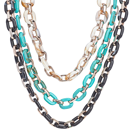 Imitation Gemstone Style Acrylic Handmade Cable Chains, with Rose Gold Plated CCB Plastic Lingking Ring, Oval, Floral White & Dark Turquoise & Black, Link: 23.5x17.5x4.5mm and 18.5x11.5x4.5mm, 39.37 inches(1m/strand), 3strands/set