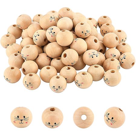 Natural Wood European Beads, Waxed and Printed, Undyed, Large Hole Beads, Round with Cat Pattern, Navajo White, 19~20mm, Hole: 5mm; about 100pcs/bag