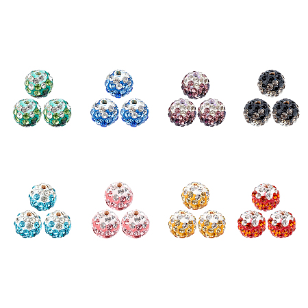 CHGCRAFT Pave Disco Ball Beads, Polymer Clay Rhinestone Beads, Round, Mixed Color, PP13(1.9~2mm), 6 Rows Rhinestone; 10mm, Hole: 2mm; 8 colors, 10pcs/color, 80pcs/box