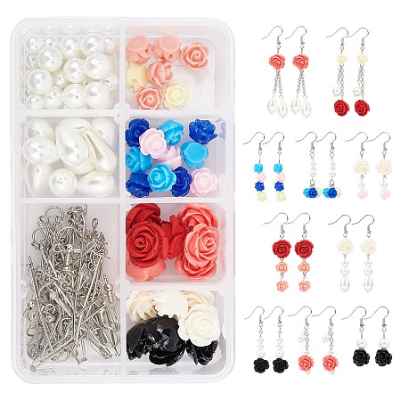 SUNNYCLUE DIY Flower Dangle Earring Making Kits, include Resin & Glass Pearl Beads, Brass Cable Chains & Earring Hooks, Iron Findings, Mixed Color