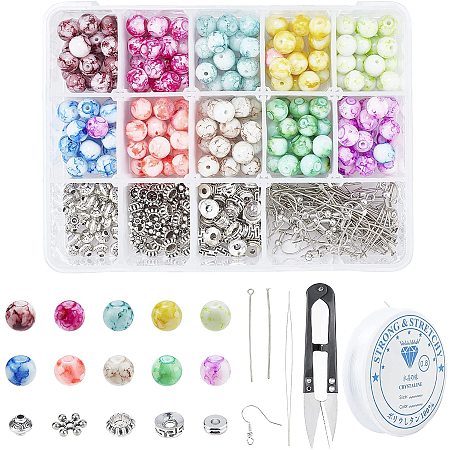 SUNNYCLUE DIY Earring & Bracelets Making Kits, include Spray Painted Glass Beads, Brass Earring Hooks, Brass & Alloy Spacer Beads, Elastic Crystal Thread, Steel Scissors and Iron Beading Needles, Mixed Color, Glass Beads: 8mm, Hole: 1.3mm, 200pcs/set
