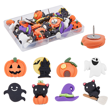 SUPERFINDINGS 4 Sets 8 Styles Halloween Theme Push Pins 32PCS Halloween Push Pins Pumpkin House Bat Ghost Witch Hat Decorative Push Pins for Wall Maps Layout Halloween Supplies