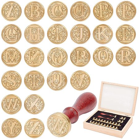 CRASPIRE 1 Box Wax Seal Stamp Set 26 Letters Alphabet A-Z Sealing Stamp Kit Initials Removable Brass Head with Wooden Handles Gift Packed for Halloween Wedding Invitations Cards Letters Envelopes