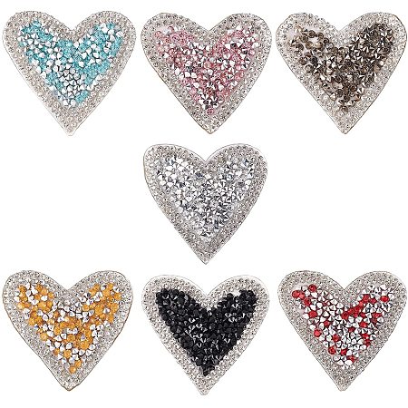 FINGERINSPIRE 7 Pcs Heart Rhinestone Patches 7 Mixed Colors Crystal Iron/Sew on Patches Hot Melt Adhesive on The Back Appliques Decoration Patches for Clothing Repair, Hat, DIY Accessories