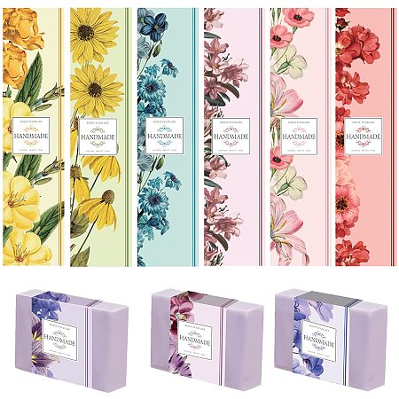 PandaHall Elite 9 Styles Floral Wrap Label Tape, 90pcs Flower Soap Paper Wrapper Vertical Tags Sleeves Covers Crafts Tape Band Label for Handmade Soap Lotion Bars Bath Gift Wrapping, 8.5x1.9 inch