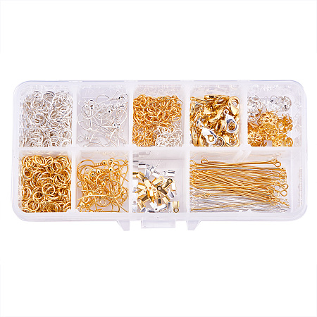 PandaHall Elite 7 Types Jewelry Making Findings Supplies Kit - Jump Rings, Eyepins, Cord Ends, Ends with Twist Extender Chains, Earring Hooks, Bead Caps, Lobster Claw Clasp