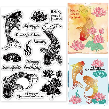 GLOBLELAND Koi Fish Clear Stamps Lotus Flower Lotus Leaf Silicone Clear Stamp Seals for Cards Making DIY Scrapbooking Photo Journal Album Decoration