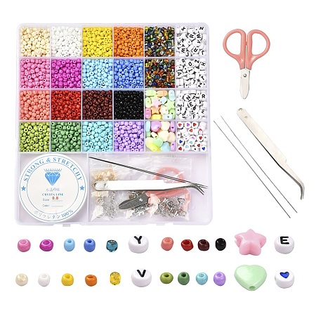 Arricraft DIY Jewelry Making Kits, 2230Pcs Heart & Geometry Glass Seed & Acrylic Beads, 8Pcs Alloy Enamel Pendants, Stainless Steel & Iron Findings, Zinc Alloy Lobster Claw Clasps, Elastic Crystal Thread, Mixed Color, Beads: 2230pcs/box