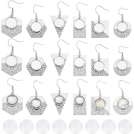 CHGCRAFT 24Pcs 6 Styles Earrings Wire Hooks Blanks 12mm Stainless Steel Bezel Trays with Round Clear Glass Cabochons Setting Earring Blank for DIY Earring Jewelry Making