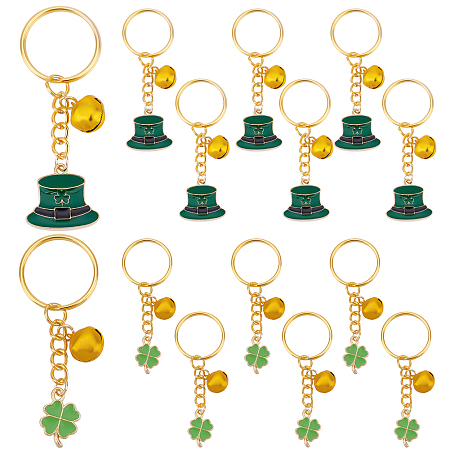 PandaHall Elite 16Pcs 2 Style St.Patrick's Day Alloy Enamel Charms Keychains, Aluminum Bell Keychains, with Iron Findings, Golden, Hat with Clover & Clover, Mixed Color, 7~7.2cm, 8pcs/style