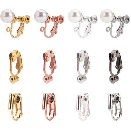PandaHall 48pcs 3 Styles Clip-on Earring Converters 4 Colors Brass Earring Clips Earring with Acrylic Imitation Pearl and Loop for Non-Pierced Ears Women Men Girl