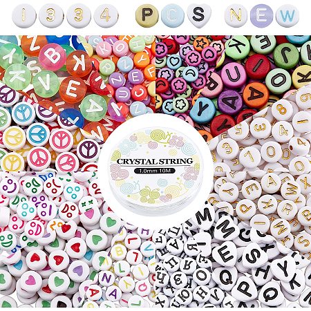 PandaHall Elite 1335pcs Letter Beads, 12 Styles Acrylic Alphabet A-Z Beads Flat Round Heart Number Initial Beads with Elastic Crystal String Cord for Friendship Jewelry Making DIY Necklace Bracelet
