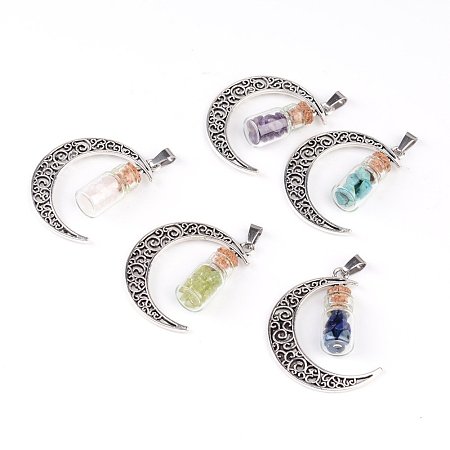 NBEADS 30 Pcs Column Glass Bottle with Gemstone Inside Pendants, with Moon Alloy Finding and 304 Stainelss Steel Findings, 41x29x10mm, Hole: 7x4mm