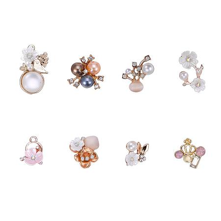 PandaHall Elite 16pcs 8 Style Rhinestone Resin Flowers Pendants Charms Alloy Faux Pearl Beads Charms for Bracelet Necklace Jewelry Findings