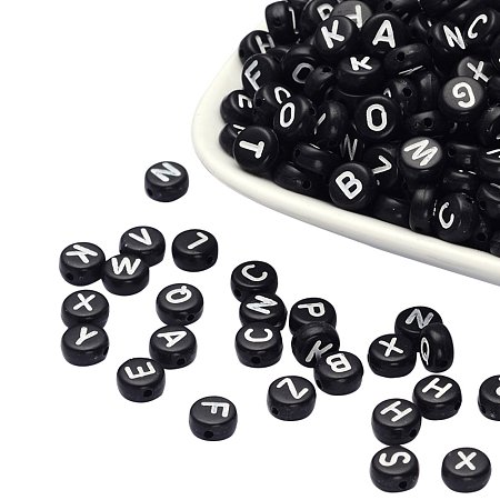NBEADS Mix Letters Alphabet Style Acrylic Beads about 350pcs/50g Flat Round Black
