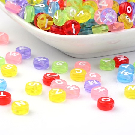 Arricraft Transparent Acrylic Letter Beads, For Bracelets Making, Flat Round with Random Letters, Mixed Color, 7x3.5mm, Hole: 1mm, about 3550pcs/500g