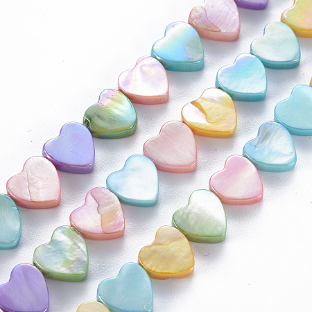 Arricraft Electroplated Natural Freshwater Shell Beads Strands, Dyed, Heart, Mixed Color, 10x10.5x3mm, Hole: 0.8mm, about 34pcs/strand, 13.78 inch~13.98 inch(35~35.5cm)