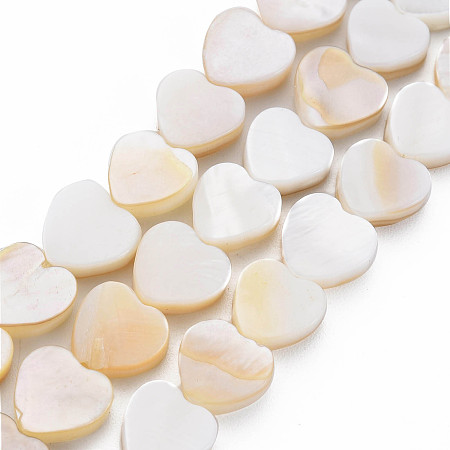 Honeyhandy Natural Freshwater Shell Beads Strands, Heart, Seashell Color, 8x8~9x2.5mm, Hole: 1mm, about 47~48pcs/strand, 14.06 inch~14.37 inch(35.7~36.5cm)