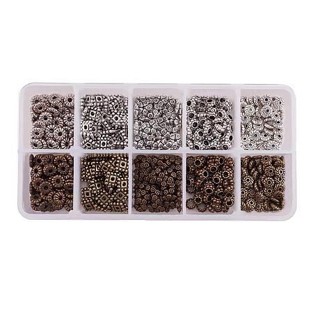 PandaHall Elite 600pcs 5 Style Tibetan Alloy Metal Spacers Beading Assortment Jewelry Beads Charm for Bracelet Necklace Jewelry Making, Antique Silver Bronze