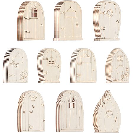 NBEADS 60 Pcs Mini Wooden Fairy Door, 10 Patterns Blank Unpainted Garden Door Pieces Hollow Wood Out Elf Door for Embellishments Dollhouse DIY Craft