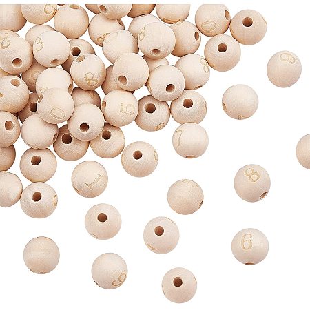 OLYCRAFT 50pcs 14mm 0-9 Number Wooden Beads Natural Round Wooden Beads Wooden Large Hole Beads Loose Beads with Numbers for Jewelry Making and DIY Crafts