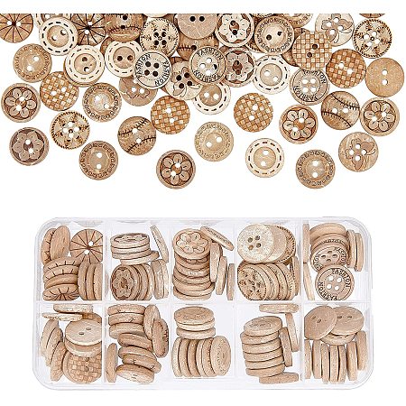 Pandahall Elite 100pcs 10 Mixed Style Wood Buttons 15mm Buttons Craft Sewing Accessories Decorative Buttons with Flower Pattern for Crochet Project, Cowls Making, 2 Hole &4 Hole