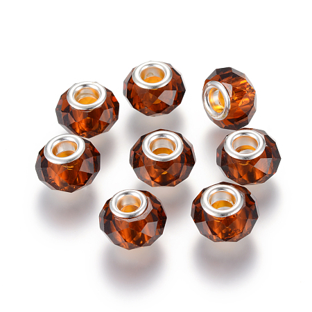 Honeyhandy Handmade Glass European Beads, Large Hole Beads, Silver Color Brass Core, Saddle Brown, 14x8mm, Hole: 5mm