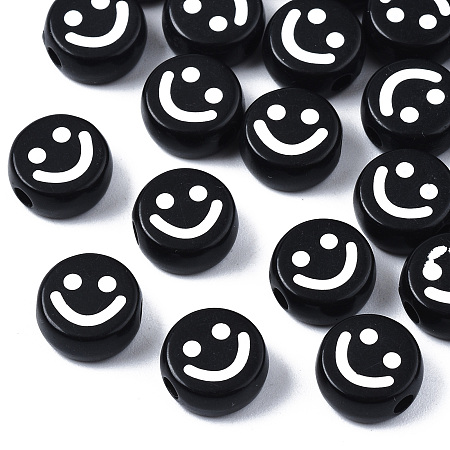 Honeyhandy Opaque Acrylic Beads, Flat Round with Smiling Face, Black, 10x4.5mm, Hole: 2mm