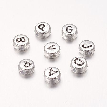 Honeyhandy Silver Color Plated Letter Mixed Letters Acrylic Beads, Horizontal Hole, Flat Round, 7x3.5mm, Hole: 1mm, about 360pcs/50g