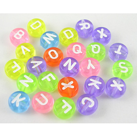 Arricraft Acrylic Letter Beads, Flat Round with Random Letters, Mixed Colors, 7mm in diameter, 3.5mm thick, hole: 1mm, about 355pcs/50g