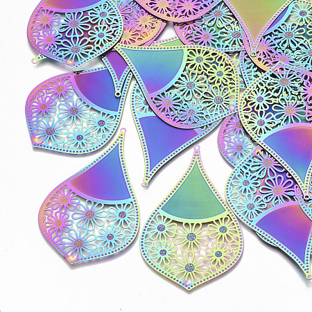 Nbeads  201 Stainless Steel Filigree Big Pendants, Etched Metal Embellishments, Teardrop with Flower, Multi-color, 54.5x34x0.3mm, Hole: 1.8mm