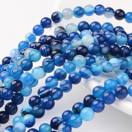 Arricraft Natural Striped Agate/Banded Agate Beads, Dyed, Round, Blue, Size: about 6mm in diameter, hole: 1mm, 63pcs/strand, 15.5 inches