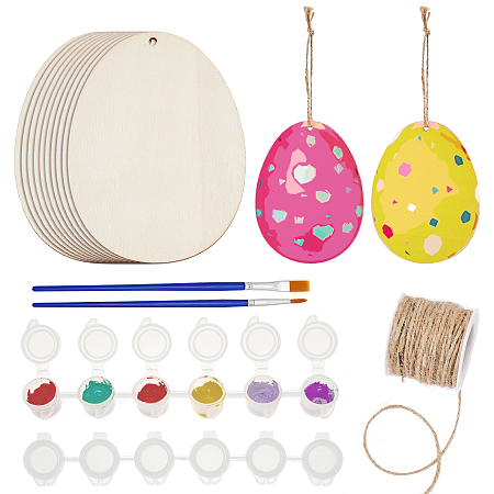 DIY Easter Pendant Decoration Making Kits, include Unfinished Egg Shape Wooden Pendants, Hemp Cord, Plastic Empty Paint Palette & Paint Brushes Pens, Mixed Color, Pendants: 15x11.4x0.2cm, hole: 5mm, 10pcs/set