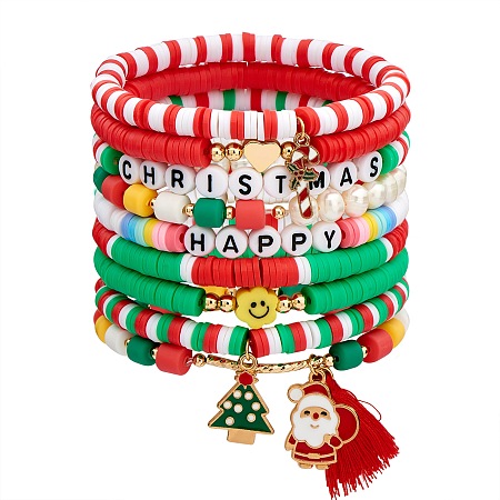 Arricraft 9Pcs 9 Style Word Happy Christmas Handmade Polymer Clay Heishi Surfer Stretch Bracelets Set with Acrylic Pearl, Preppy Bracelet with Enamel Christmas Tree & Santa Claus Charm for Women, Mixed Color, Inner Diameter: 2-1/8 inch(5.5cm), 1Pc/style