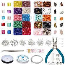 DIY Jewelry Kits, with Gemstone Beads, FGB Glass Beads, Iron Jump Rings & Earring Hooks, Elastic Crystal Thread and 304 Stainless Steel Tweezers, Mixed Color, 130x68x21mm