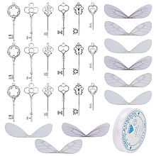 SUNNYCLUE DIY Kits, Including 30Pcs 6 Style Key Alloy Pendants, 30Pcs 3 Colors Dragonfly Wing Organza Fabric and 1 Roll Clear Elastic Crystal Thread, Mixed Color, Key Pendants: 5pcs/style