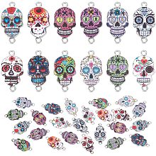 PandaHall Elite 48pcs Halloween Enamel Skull Pendants 12 Styles Skeleton Connetor Link Charms 26x13.5mm Colorful Skull Dangle Charms Flower Skull Head Charm for Necklace Bracelet Earring Making Crafting