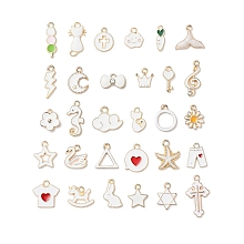 Arricraft 30Pcs 30 Styles Light Gold Alloy Enamel Pendants, Bowknot & Lightning Bolt & Japanese Dango & Cloud & Flower & Flat Round & Star & Triangle & Musical Note & Starfish & Star & Cat & Sea Horse & Crown & Heart, White, 9~25x5~16x1~3mm, Hole: 1.6~2mm, 1pc/style