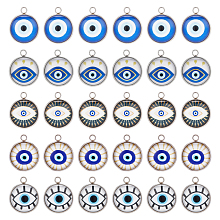 DICOSMETIC 30Pcs Luminous Glass Eye Charm Blue Evil Eye Charm Flat Round Charm Turkish Protection Charm Amulet Lucky Charm Stainless Steel Hamsa Eye Charm for DIY Jewelry Making Craft, Hole: 1.6mm