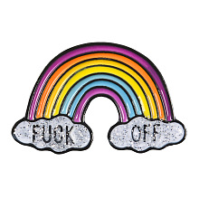 Honeyhandy Creative Zinc Alloy Brooches, Enamel Lapel Pin, with Iron Butterfly Clutches or Rubber Clutches, Electrophoresis Black Color, Rainbow with Word Fuck Off, Colorful, 20x33mm, Pin: 1mm