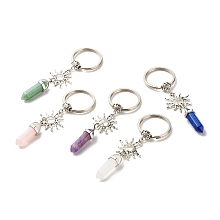 Honeyhandy Natural Mixed Gemstone Keychain, with Tibetan Style Alloy Pendants, Charm Carrier Barrel Tube Bails and Iron Split Key Rings, Sun with Bullet, 9.8cm